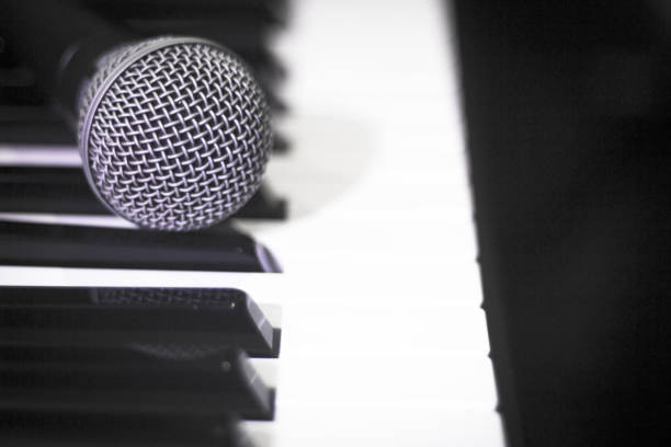 istock Microphone over piano keys in dim light. No people 1347668542