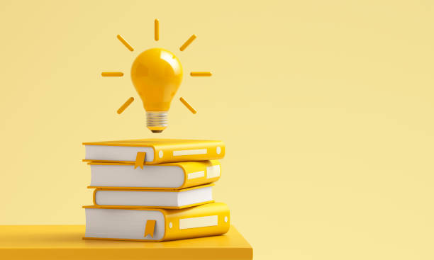 Light bulb over the yellow books on a yellow background. 3d illustration