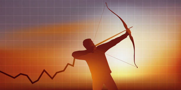 człowiek wyciąga łuk, aby symbolicznie ożywić wzrost gospodarczy. - prosperity stock illustrations