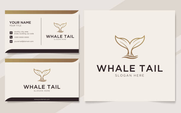Abstract whale tail logo in gold luxury style and business card design template Abstract whale tail logo in gold luxury style and business card design template tail fin stock illustrations