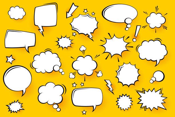 Blank comic speech bubbles with halftone shadows on yellow background. Hand drawn retro cartoon stickers. Pop art style. Vector illustration vector art illustration