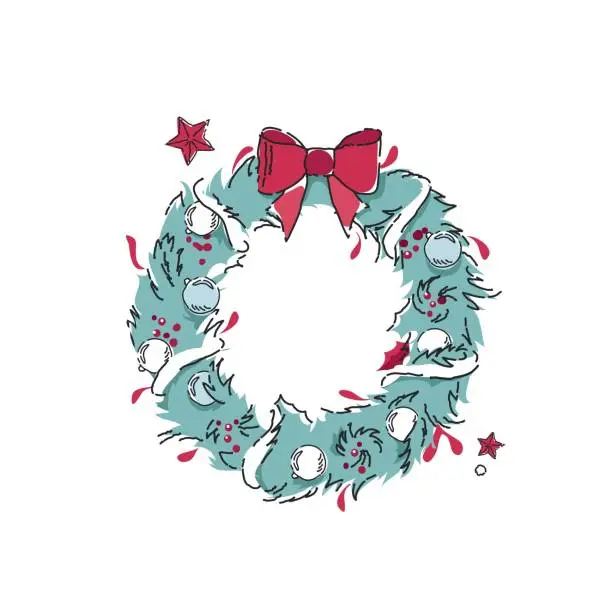Vector illustration of Christmas wreath with fir tree branches and red bow isolated on white background.