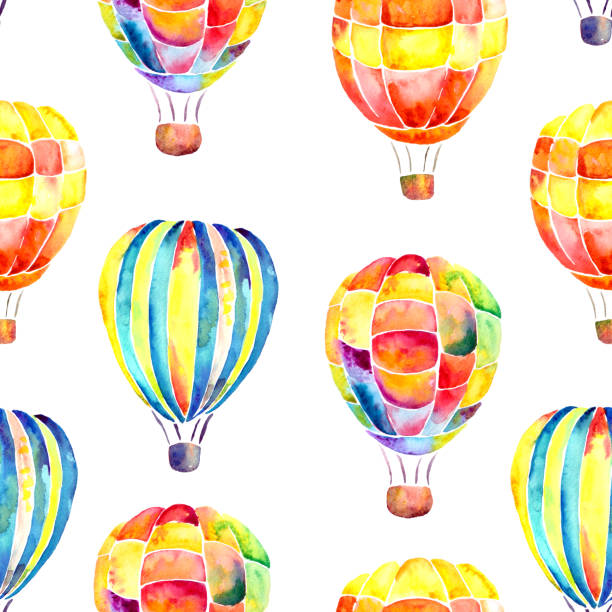 istock Seamless pattern with vibrant watercolor aerostats on white background. Hand painted. 1347673152
