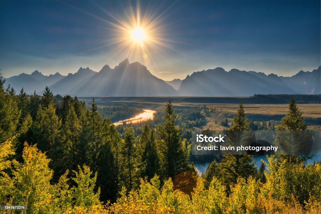 snake river overlook at susnet Yellowstone National Park Stock Photo