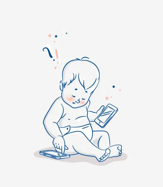 Vector illustration of Cute little baby boy sitting on floor with two smartphones.