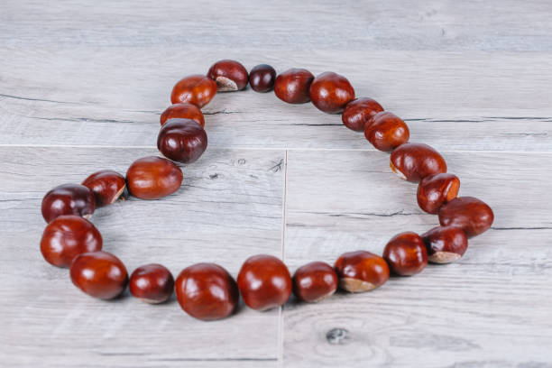 istock Chestnuts in a heart shape on a wooden background 1347675347