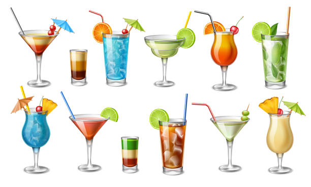 sommer cocktails bikini, blaues motorrad, blue hawaiian, cosmopolitan, cuba libre, daiquiri, martini, mojito, pina colada, tequila sunrise und shots - cocktail stock-grafiken, -clipart, -cartoons und -symbole