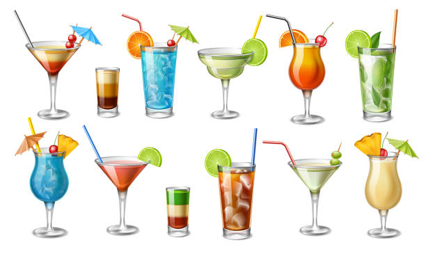 Summer Cocktails Bikini, Blue motorcycle, Blue Hawaiian, Cosmopolitan, Cuba Libre, Daiquiri, Martini, Mojito, Pina colada, Tequila Sunrise and Shots Realistic vector set of summer cocktails. Bikini, Blue motorcycle, Blue Hawaiian, Cosmopolitan, Cuba Libre, Daiquiri, Martini, Mojito, Pina colada, Tequila Sunrise cocktails and shots. pineapple beach stock illustrations