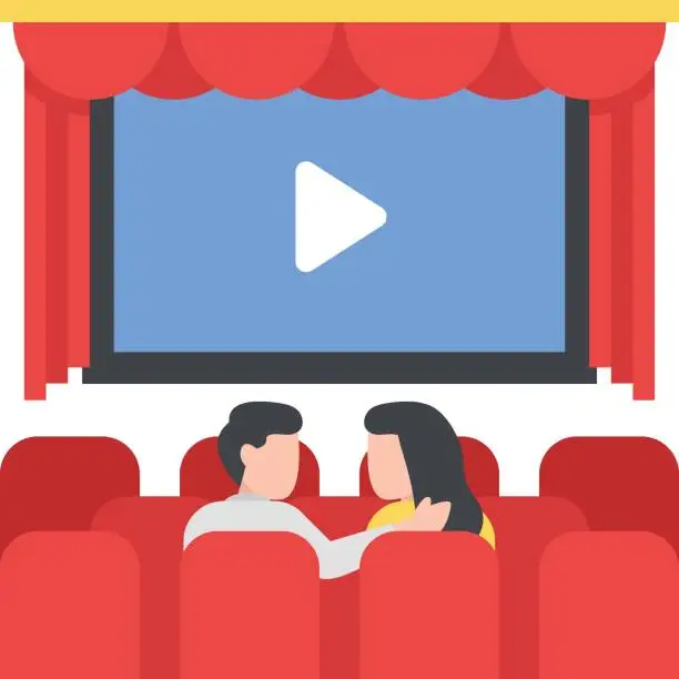 Vector illustration of Young couple watching movie in cinema back view Concept Vector Color Icon Design, Free time activities Symbol, Extracurricular activity Sign, hobbies interests Stock Illustration