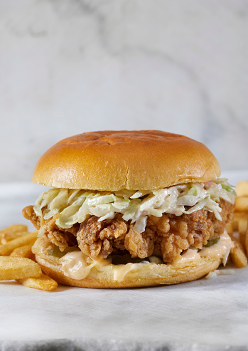 Spicy Crispy Fried Chicken Burger with  Lettuce, Mayo and French Fries