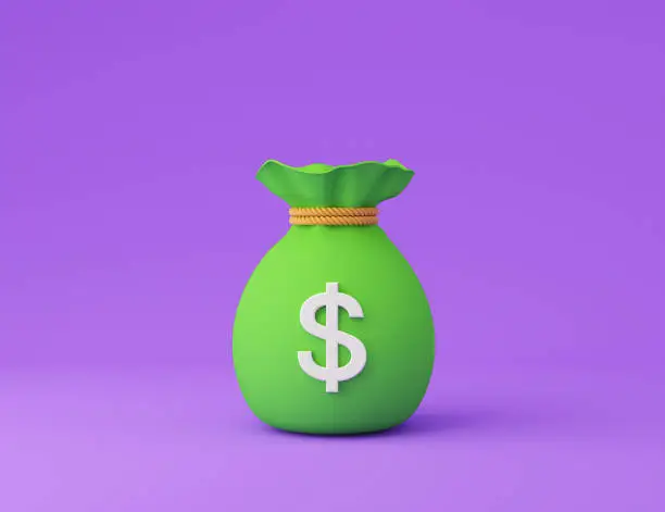 Photo of Green Money Bag on violet background. 3d rendering illustration.