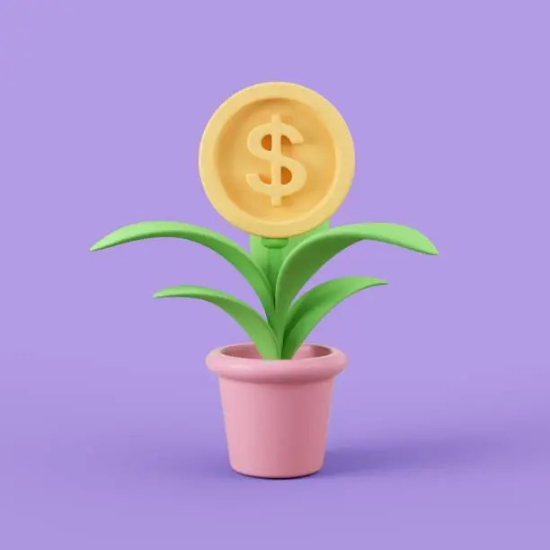 Money growth 3d illustration. Plant with dollar coin.