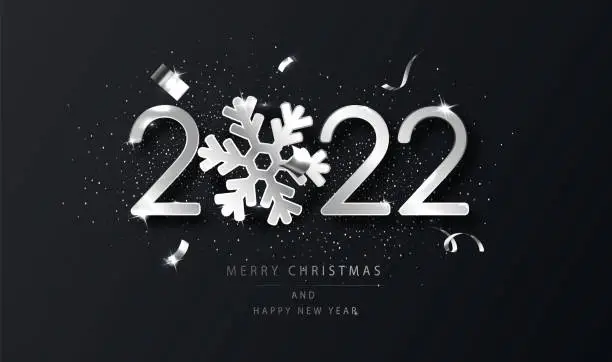 Vector illustration of Silver 2022 Happy New Year background with snowflake. Black New Year background with wishes. Template for holyday design card, banner.