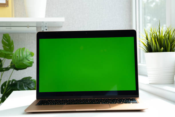 istock Close up Morden laptop green screen. Chroma key green screen computer set up for work on desk at home or in office, technology concept template. Mockup banner 1347679829