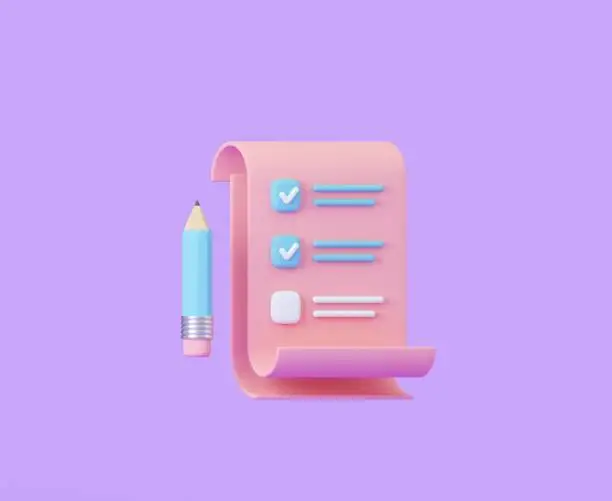 Checklist with pencil on violet background. 3d rendering.