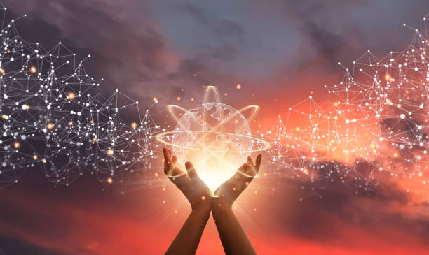 istock Hands holding global network connections and technology innovation in science at sunset. Global network connections.  Communication network Technology. 1347682203