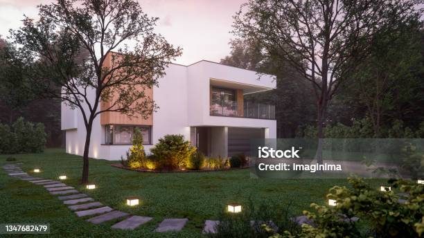 Luxury Modern House In Forest At Dawn Stock Photo - Download Image Now - House, Modern, Yard - Grounds