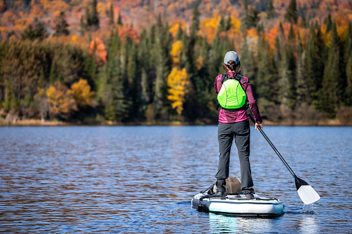 Woman Paddleboarding on the Lake in Autumn, Mont Tremblant Provincial Park, Quebec, Canada