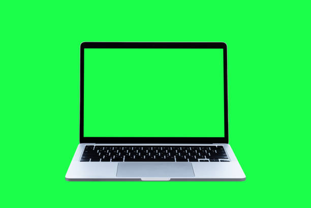 Laptop computer with blank green screen isolated on green background. stock photo