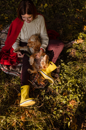 Top view of a young woman wrapped in red blanket sitting on the ground in yellow rubber boots, playing with her English cocker spaniel dog in autumn forest.