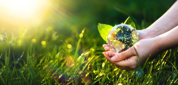 istock Hands holding crystal earth globe and circle global network connection. Global communication network.Energy and ecology concept. Protecting earth planet  and development ecological energy 1347687322