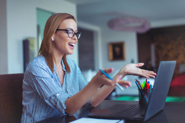 istock Young businesswoman explain online 1347690120