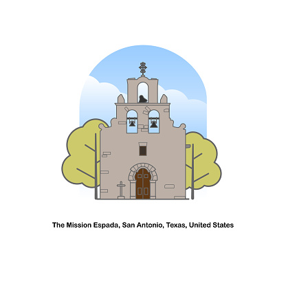 Mission San Francisco de la Espada also Mission Espada, San Antonio Missions National Historical Park, San Antonio, Texas, United States. Vector illustration
