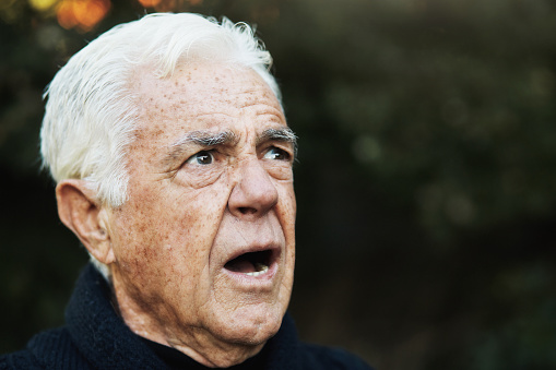 Whitehaired Old Man Stares Openmouthed In Shock Or Surprise Stock Photo Whitehaired Old Man Stares Openmouthed In Shock Or Surprise Stock Photo