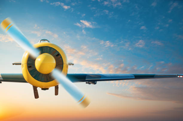 istock Small aircraft flying above in the blue sky 1347691466