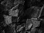 Destroyed cracked mountain surface. Close-up. It looks like a stone wall. Black grunge background