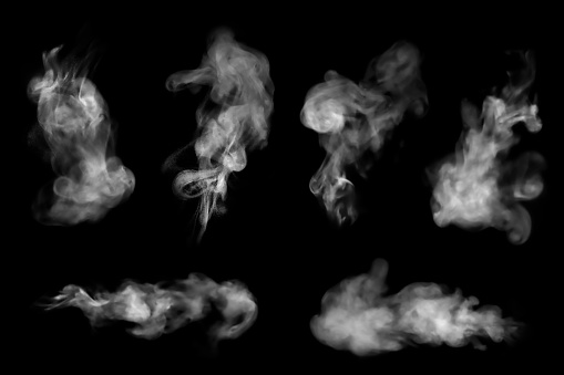 Set of steam or abstract white smog rising above. water droplets that can be seen that swirl beautifully spray. Isolated on a black background