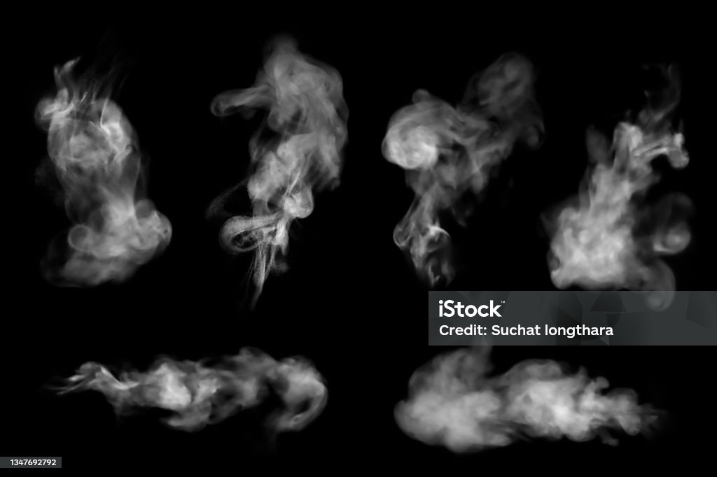 smoke steam or abstract white smog Set of steam or abstract white smog rising above. water droplets that can be seen that swirl beautifully spray. Isolated on a black background Smoke - Physical Structure Stock Photo