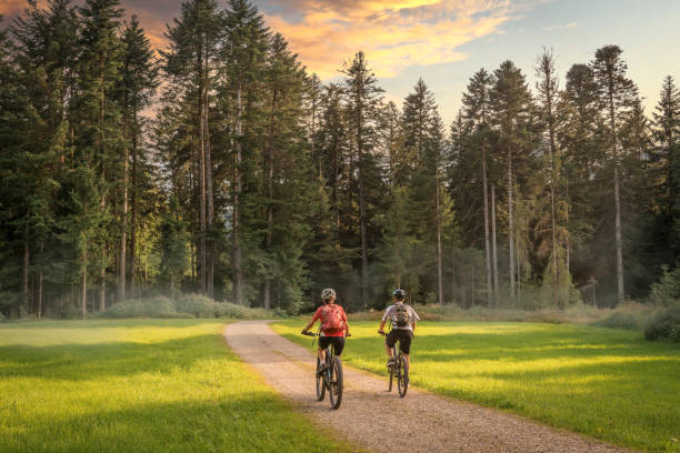 abuela y nieto en bicicleta de montaña eléctrica en los alpes de allgau - bavaria allgau germany landscape fotografías e imágenes de stock