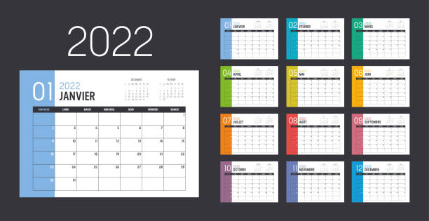 2022 French desk calendar Year 2022 monthly desk calendar, in French language. Vector template. calendar 2022 stock illustrations