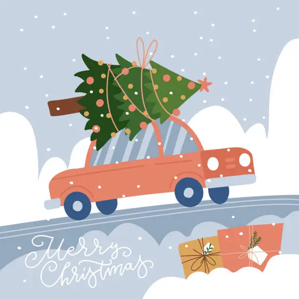 Vector illustration of Red car with Christmas tree on tre roof on the snowy landscape background. Side view festive vehicle. Xmas greeting card with lettering. Vector flat hand drawn illustration.
