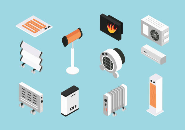 Heators Heating Devices Heating Devices and climate systems isometric vector illustration. radiator stock illustrations