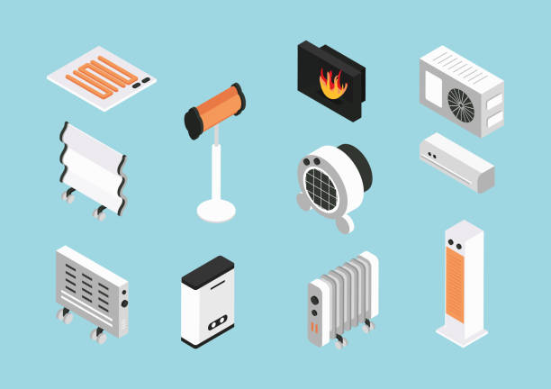 Heators Heating Devices Heating Devices and climate systems isometric vector illustration. electric heater stock illustrations