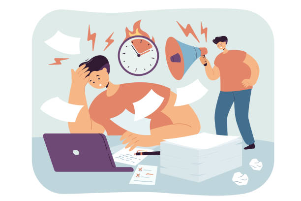 Frustrated employee late on deadline, working under stress vector art illustration