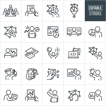 A set of data scientist icons that include editable strokes or outlines using the EPS vector file. The icons include data scientists sitting at table on laptops, hand with magnifying glass extracting data, statistician with magnifying glass searching for data, data being funneled, a data analyst at computer with different graphs and charts, online pie chart and line graph representing big data, computer programmer at monitors with code, data scientist holding pie chart, calculator and paper with line graph, programming code on laptop, data scientist graduate holding diploma, data being analyzed on smartphone, data analyst presenting data, data scientist holding lightbulb and other related icons.