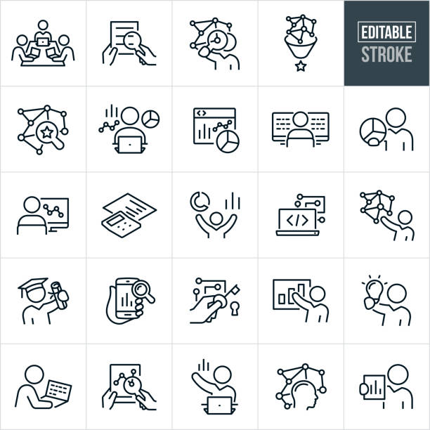 Data Scientist Thin Line Icons - Editable Stroke A set of data scientist icons that include editable strokes or outlines using the EPS vector file. The icons include data scientists sitting at table on laptops, hand with magnifying glass extracting data, statistician with magnifying glass searching for data, data being funneled, a data analyst at computer with different graphs and charts, online pie chart and line graph representing big data, computer programmer at monitors with code, data scientist holding pie chart, calculator and paper with line graph, programming code on laptop, data scientist graduate holding diploma, data being analyzed on smartphone, data analyst presenting data, data scientist holding lightbulb and other related icons. computer programmer stock illustrations