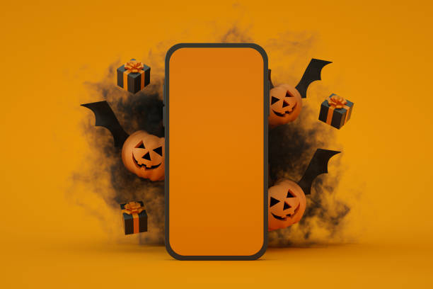 pantalla de teléfono inteligente móvil con fondo de color naranja de halloween - dropped call fotografías e imágenes de stock