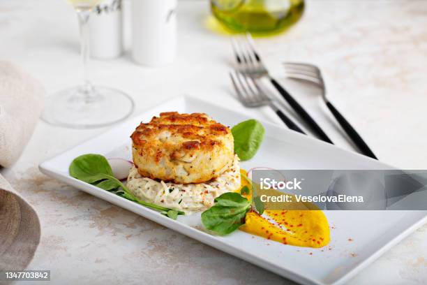 Gourmet Plated Fishcake With Vegetables Stock Photo - Download Image Now - Fish Cakes, Food, Crockery