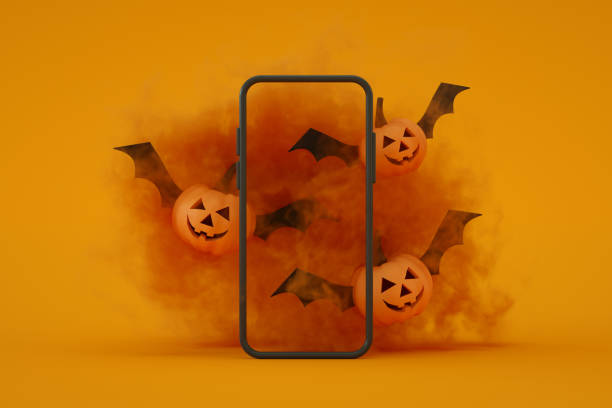 istock Mobile smart phone screen with Halloween orange color background 1347703904