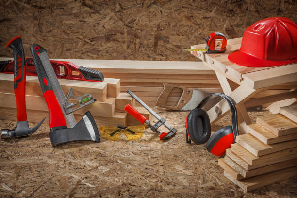 istock Carpentry Tools Set Of Red Color On Wooden Background 1347703953