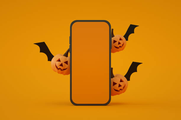 istock Mobile smart phone screen with Halloween orange color background 1347704052