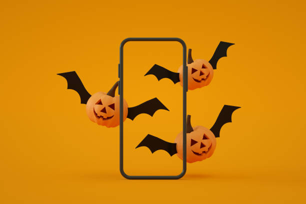 istock Mobile smart phone screen with Halloween orange color background 1347704639