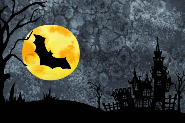istock Black silhouette of a bat, bright moon, gothic castle, textured night background. Hand drawn watercolor illustration. Halloween design, horror scenes 1347704664