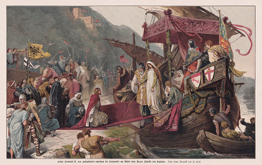Holy Roman Emperor Frederick II of Hohenstaufen (1194 - 1250) receives his bride Isabella of England (1214 - 1241) in Stolzenfels at Rhine river (Koblenz, Rhineland-Palatinate, Germany). She becomes his third wife on July 15, 1235 in Worms. Color woodcut after a watercolor by Alexander Zick (German painter, 1845 - 1907), published in 1897.