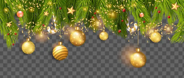 Vector illustration of Christmas pine border, vector holiday x-mas green fir frame, golden decoration ball, star, candy cane.