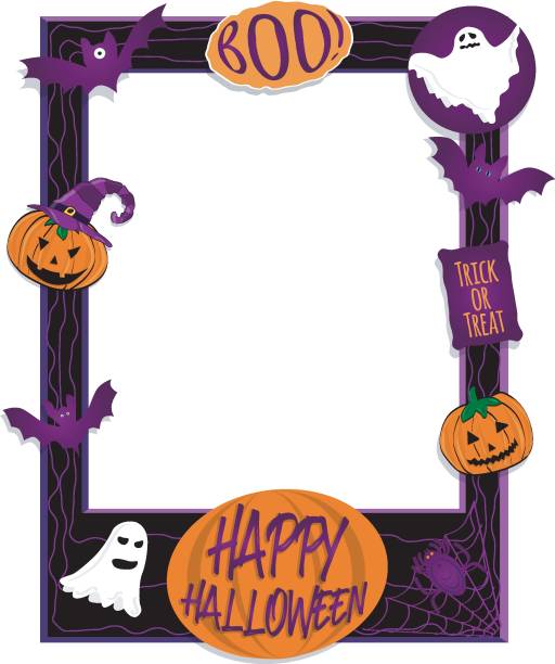 Black halloween photo frame poster with pumpkins, bats, spider and ghosts. Photoboth concept Black halloween photo frame poster with pumpkins, bats, spider and ghosts. Photoboth concept selfie borders stock illustrations